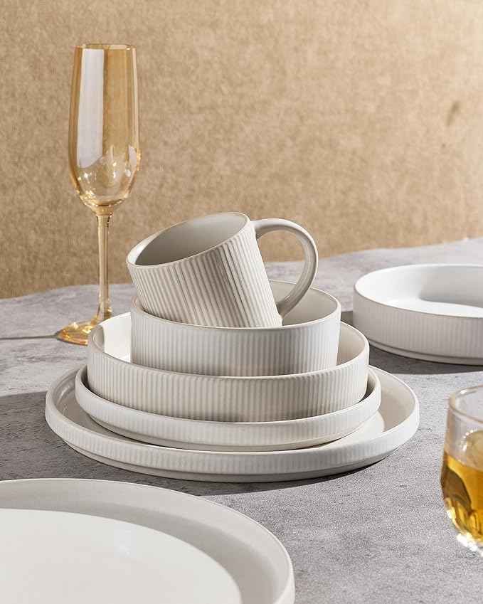 famiware Star Dinnerware Set with Pasta Bowls, Service for 6 (24 Pieces), Ribbed Stoneware Plates and Double Bowls Sets - Chip & Scratch Resistant, Microwave & Dishwasher Safe Dishes, Matte White