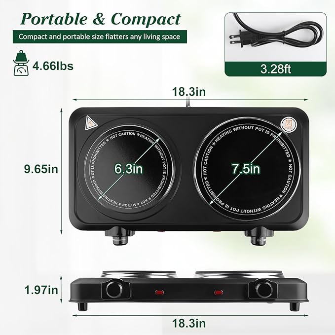 Electric Countertop Double Burner, 1800W Cooktop with Glass Hot Plate, Stepless Temperature Control, Easy to Clean, Indicator Lights, Compatible Cooking Stove for Office Home Camping RV