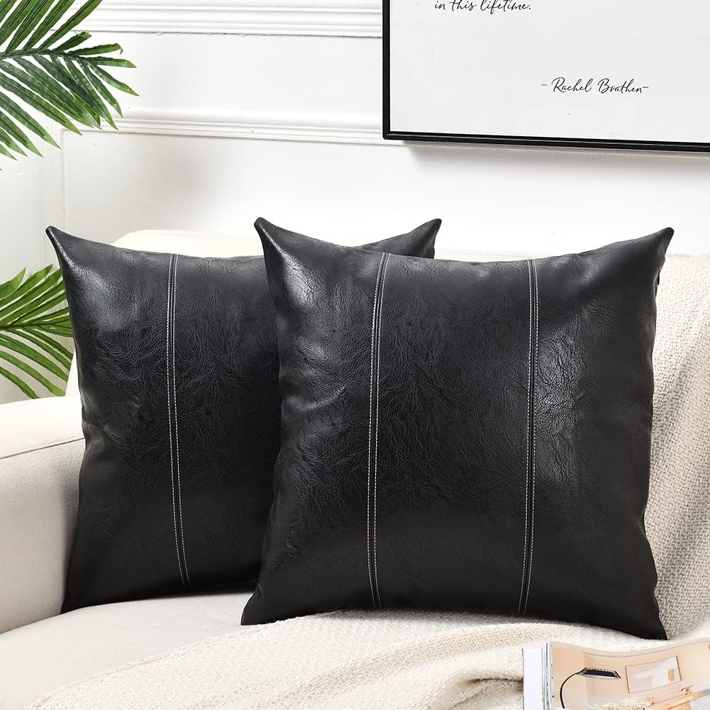 Fancy Homi Black Boho Faux Leather Decorative Throw Pillow Covers 16x16 Inch for Living Room Couch Bed Sofa, Rustic Modern Farmhouse Home Decor, Hand Stitched Square Cushion Case 40x40 cm
