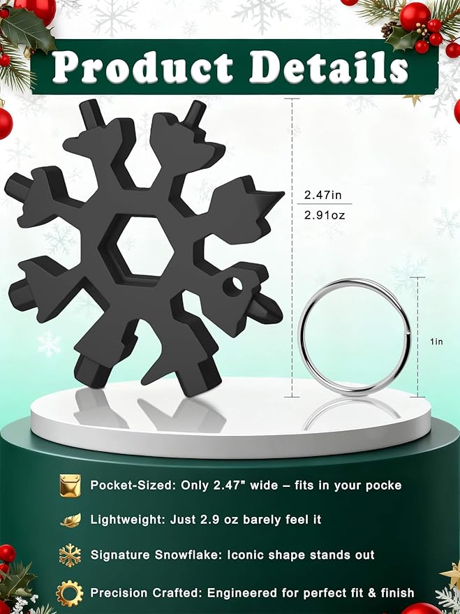 18-in-1 Snowflake Multi Tool – Stainless Steel with Bottle Opener & Wrench,Compact EDC Tool for Camping,Fishing,Hiking, Stocking Stuffers,Gifts for Men,Dad,Husband (Black)