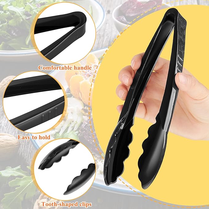 Tessco for you 25 Pcs Plastic Tongs for Serving Bulk, 9 Inch Plastic Disposable Serving Tongs Heavy Duty Salad Utensils for Kitchen Buffets BBQ Events Catering (Black)