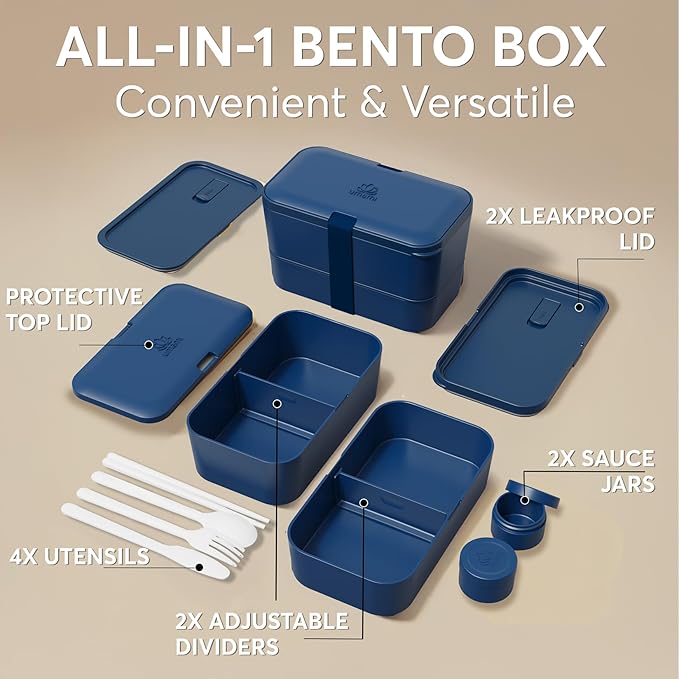 Umami Lunch Box Containers w/ 4 Utensils, 2 Sauce Jars, Nestable Space-Saving Bento Box Adult, 100% Leakproof, Microwavable Lunch Containers for Adults, Design Award Winner, Midnight Blue, 50 oz