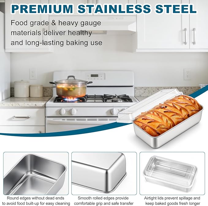 TeamFar Loaf Pan for Baking Bread, 9 x 5 Inch Stainless Steel Bread Loaf Pan with Lid, Meatloaf Pan Tin for Homemade Bread, Brownies, Meal Prep, Storage, Healthy & Dishwasher Safe