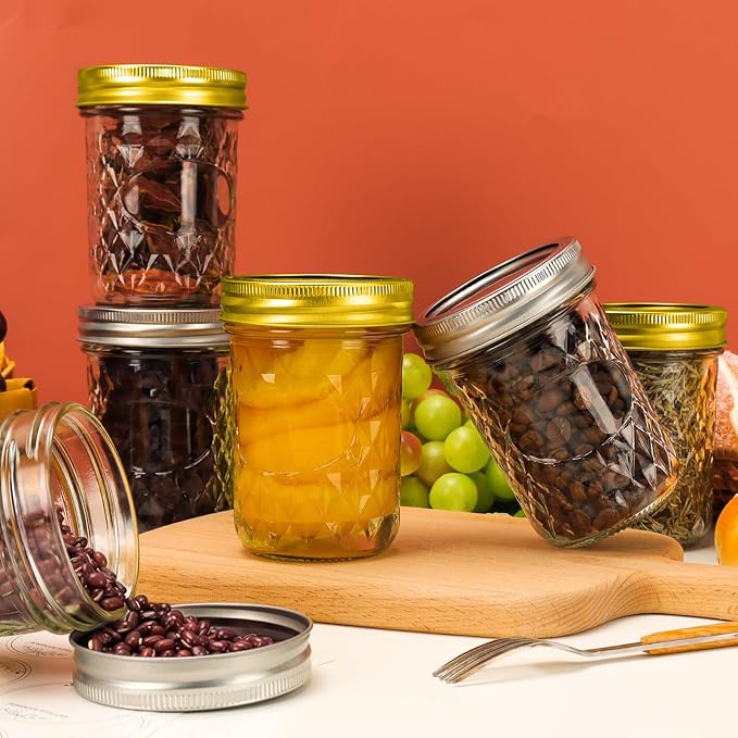 CycleMore Mason Jars 8 oz, 24 Pack Canning Jars with Mixed Color Airtight Lids, Half Pint Canning Jar Ideal for Fermenting, Jam, Honey, Pickling, Wedding/Shower Favors, DIY Decors