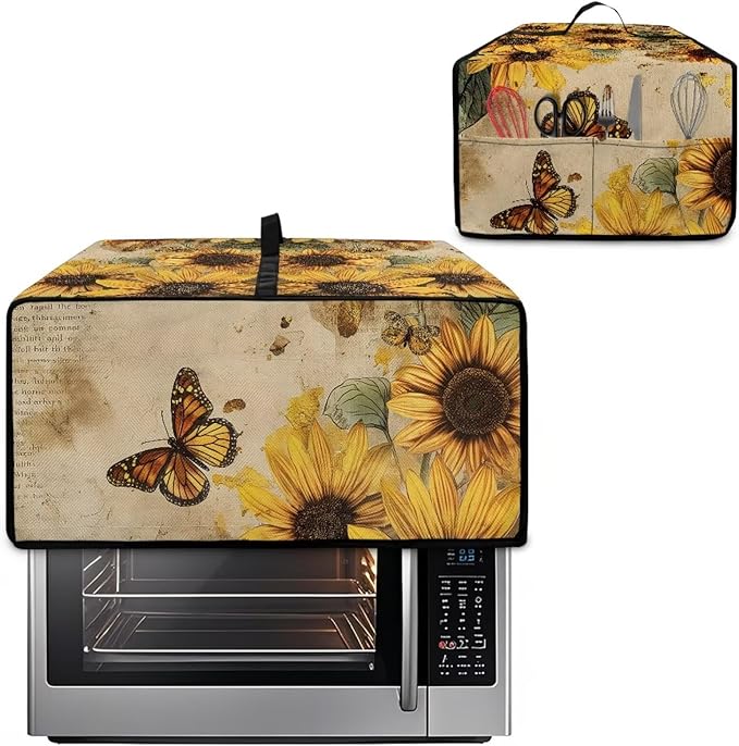 Convection Toaster Oven Cover with Pockets, Easy to Clean, Smart Microwave Baking Oven Dust Cover for Countertop, M, 16.5 x 20.5 x 10 inches, Retro Sunflower Butterfly