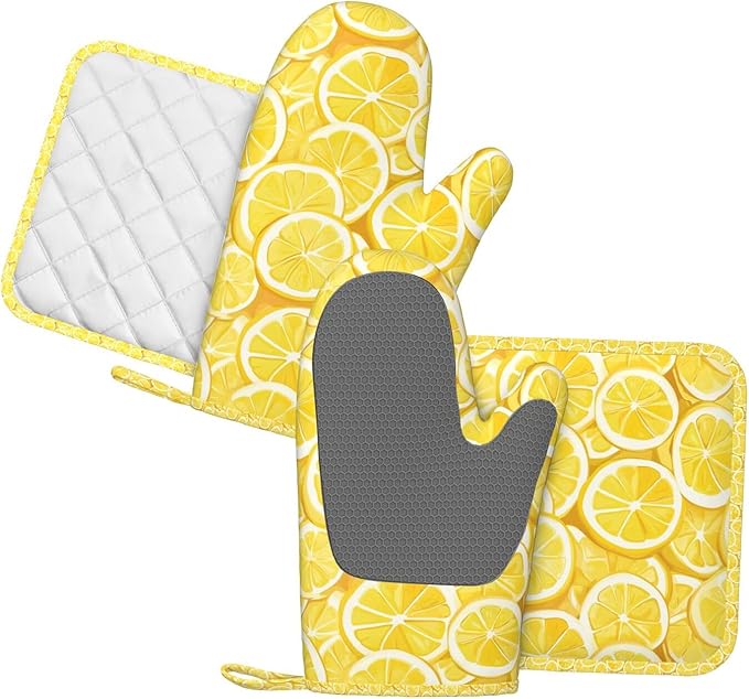 Oven Mitts and Pot Holders Lemon Watercolor Yellow Silicone Kitchen Accessories Set of 4 Heat Resistant Long Gloves Potholder Non-Slip Grip for Chef Cooking Baking Grilling BBQ