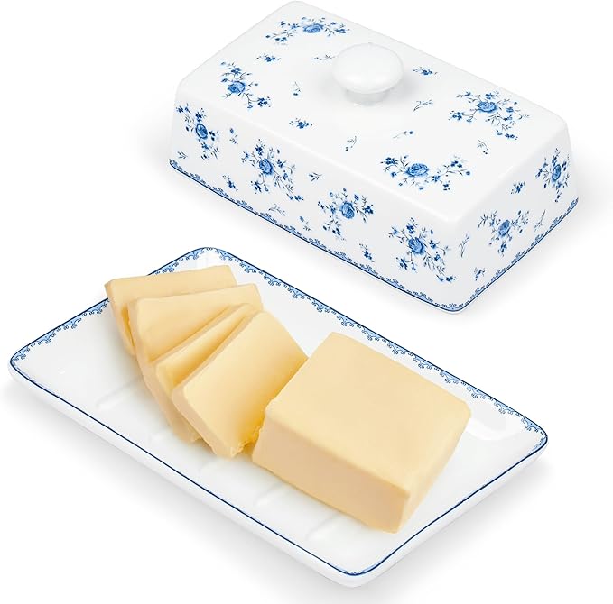 fanquare Porcelain Butter Dish with Lid, Classic Ceramic Butter Keeper with Raised Leg, Butter Dishes for Cafeteria Kitchen Countertop, Blue and White (Blue Rose)