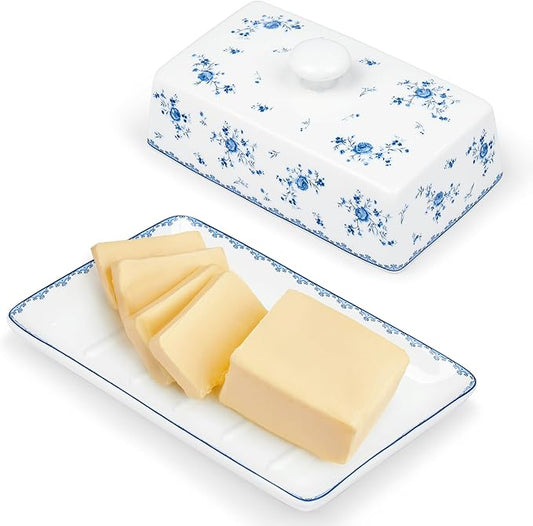 fanquare Porcelain Butter Dish with Lid, Classic Ceramic Butter Keeper with Raised Leg, Butter Dishes for Cafeteria Kitchen Countertop, Blue and White (Blue Rose)