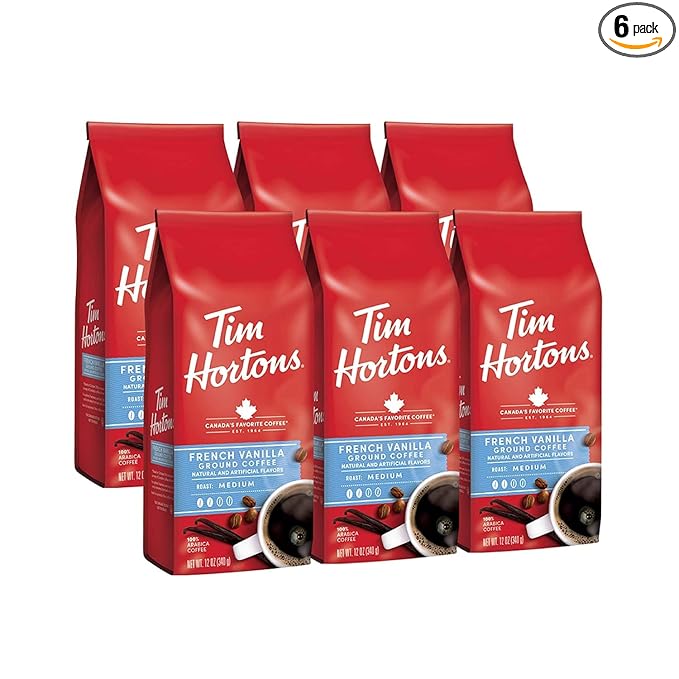 Tim Hortons French Vanilla, Flavored Roast Ground Coffee, Perfectly Balanced, Always Smooth, Made with 100% Arabica Beans, 12 Oz (Pack of 6)