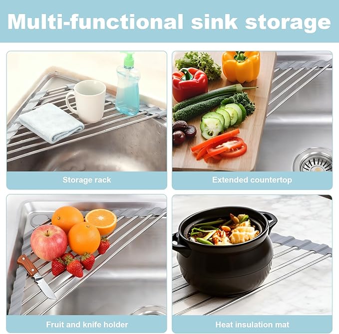 Triangle Dish Drying Rack, Corner Sink Caddy, Over The Sink Corner Drainer with Sponge Holder | Foldable, Non-Slip Stainless Steel for Kitchen Sink | Space Saving Design