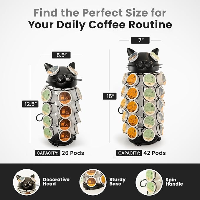 Made Easy Kit Carousel Coffee Pod Holder, Compatible with Keurig K-Pods K-Cups, Countertop Rack Storage Organizer, Metal Home and Kitchen Decor, Capsule Café Station Bar (Large, Black Cat)