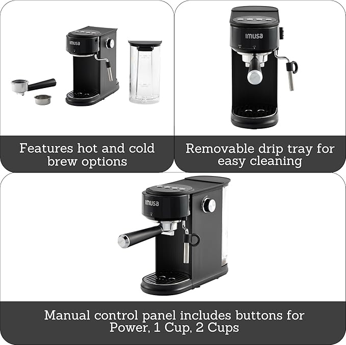 IMUSA 20 Bar Espresso Machine with Milk Frother, Compact 1-2 Cup Espresso & Cappuccino Maker, Thermoblock Fast Heating Coffee Machine, Hot & Iced Latte, Macchiato & Mocha Maker, Matte Black