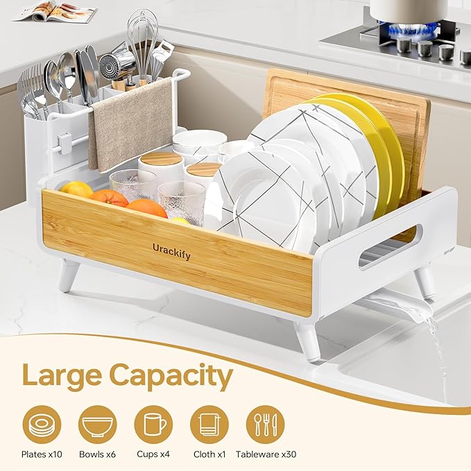 Urackify Dish Drying Rack for Kitchen Counter - Stainless Steel & Bamboo Dish Rack with Large Removable Utensil Holder, Dish Drainer with Adjustable Automatic Spout, White