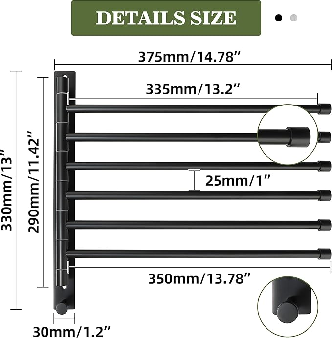 Alise Swivel Towel Rack, SUS304 Stainless Steel 6 Arms Towel Bar, Space Saving Swing Out Towel Bar with Hook, Towel Racks Wall Mounted for Bathroom, Matte Black