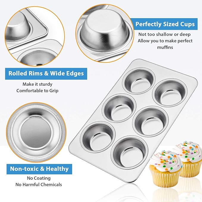 E-far Muffin Pan Set of 3, Stainless Steel Muffin Pan Tin for Baking, 6-Cup Metal Cupcake Pan Tray, Non-toxic & Healthy, Oven & Dishwasher Safe, Regular Size - 11.44 x 7.12 x 1.25 inch