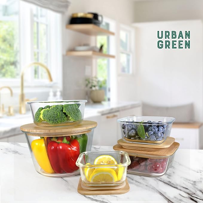 Glass Containers with Bamboo Lids for Food Storage and Meal Prep, Set of 5