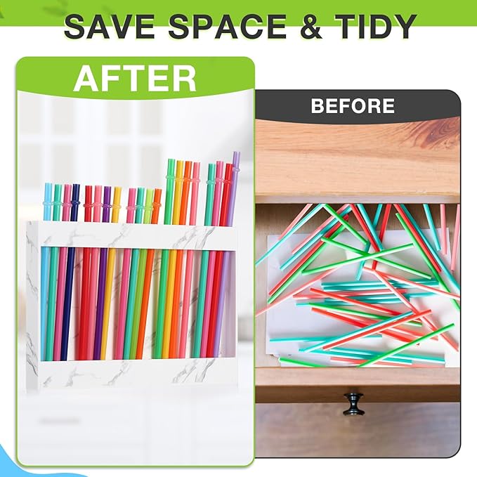 Qinyoung Acrylic Straw Holder for Cabinet Door with Double Sided Adhesive Tape Reusable Straw Organizer Tumbler Storage Kitchen Accessories Container for Counter Cupboard(Marble Texture,Large,White)