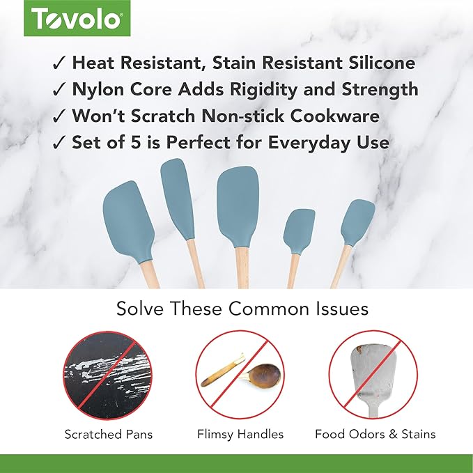 Tovolo Silicone Spatula with Wooden Handle Set of 5 Piece Silicone Kitchen Utensil Set Spoonula Jar Scraper Mini Spatula and Spoonula for Cooking Baking Mixing Folding Blue Slate