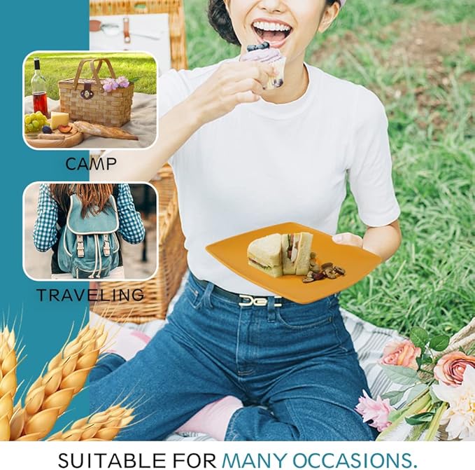 Teivio 48-piece Kitchen Plastic Wheat Straw Square Dinnerware Set for 12, Unbreakable Dinner Plates, Salad Plates, Snack Bowls, Tumblers 13.5 oz, Dishwasher Safe, Autumn Multicolor