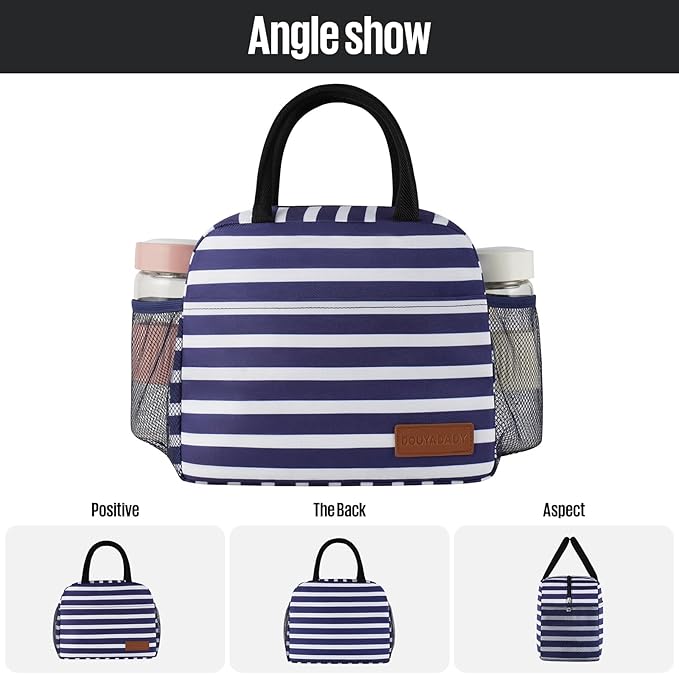 douyadady Lunch Bag Women/Men Lunch Box Women/Men (Dark blue+White Stripes)