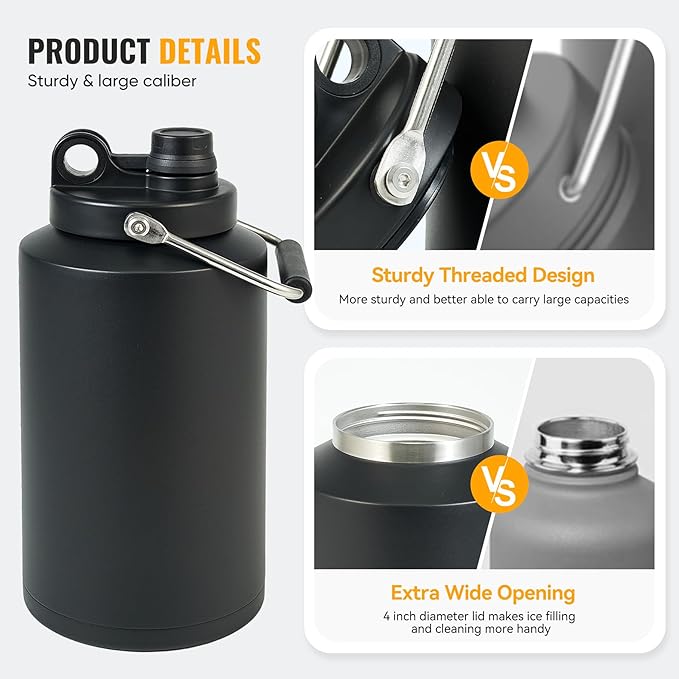 Kerilyn Insulated Gallon Jug with Handle, One Gallon, 128oz Stainless Steel, Large Double Vacuum Water Bottle for Hot & Cold Drinks, Wide Mouth, Sweat Proof, Great for Travel, Camping, Black
