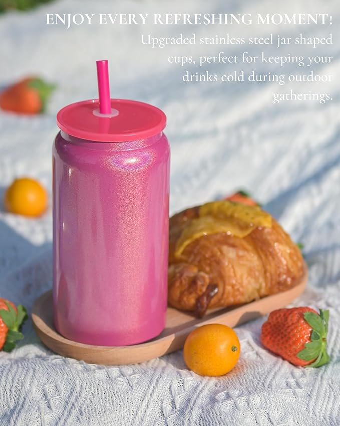 Glass Cups with Lids and Straws, 16oz Stainless Steels Cups, Beer Cups, Iced Coffee Cup, Smoothie Cup, Sublimation Tumbler, Fuchsia (Shiny Polished Finish, Sublimatable)