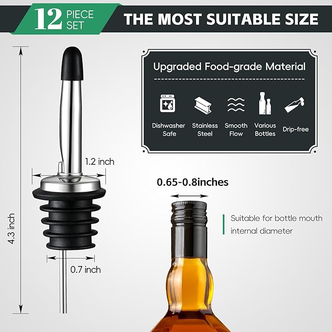 AOZITA 12 Pack Classic Bottle Pourers, Stainless Steel Liquor Pour Spouts Tapered Spout - Liquor Pourers with Rubber Dust Caps for Alcohol, Olive Oil,Bar Bartender Accessories
