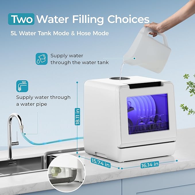 EUHOMY Countertop Dishwasher, 8 Programs Portable Dishwasher with 5L Built-in Water Tank and Inlet hose, No Hookup Needed, Mini Dishwasher with Self Clean/Baby Care/Air Dry, for Apartments, RVs, White