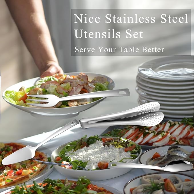 6 PCS Stainless Steel Serving Utensils, 10 Inch Serving Spoons for Buffet Large Hosting Metal Spoons, Silverware Set Tongs for Serving Food Parties Catering