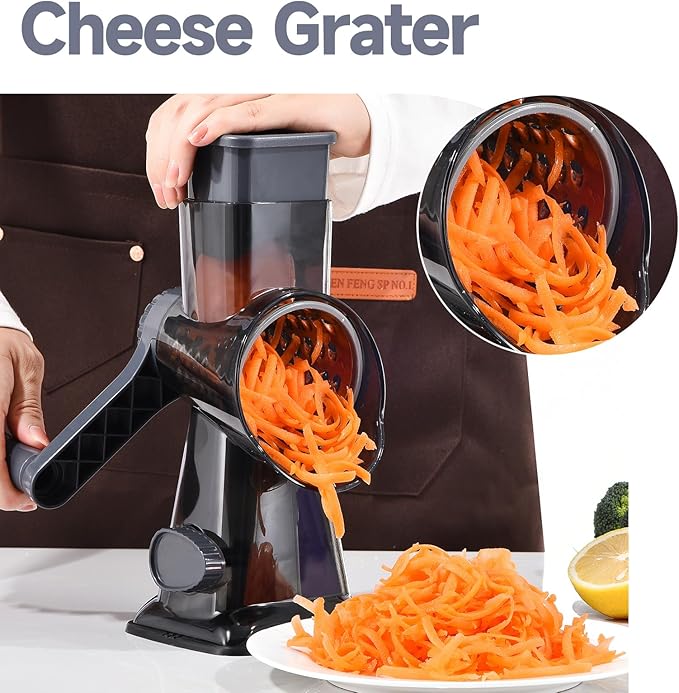 Rotary Cheese Grater with Handle Kitchen Shredder Slicer Grater Slicer Ice Shaver Cheese Vegetable Nuts Potato Zucchini Chocolate 3 Interchangeable Blades (Grey TSP)