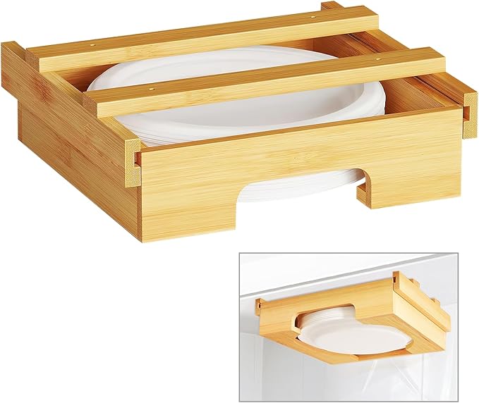 Paper Plate Dispenser - 9 inch Bamboo Paper Plate Dispenser Under Cabinet, Kitchen Counter Vertical Paper Plate Holder Organizer Countertop Caddy (Bamboo)