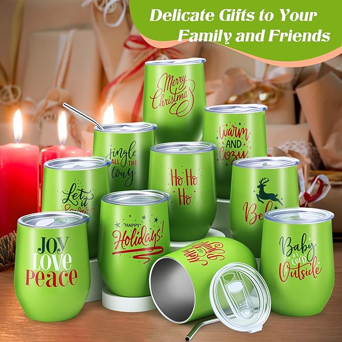 Uiifan 10 Pack Christmas Tumblers Gifts 12 Oz Xmas Funny Tumbler Christmas Stainless Steel Coffee Mugs Set Xmas Insulated Travel Cup with Straw Lid for Family Xmased Holiday Gift (Green)