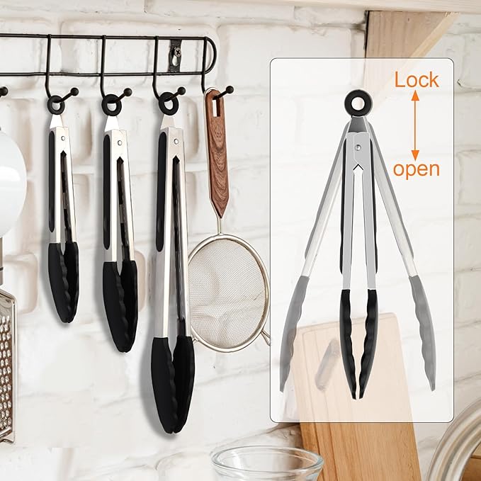 Premium Stainless Steel Heat Resistant Kitchen Tongs for cooking,set of 7"+9"+12" (Black),Non Scratch Silicone cooking Tong Tip for Cooking Pans,Strong Grip BBQ tongs for Grabbing Hot Food