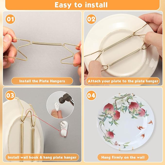 7 pcs Plate Hangers for The Wall, 4/6/8/10/12 Inch Invisible Decorative Wall Plate Hangers, Stainless Steel Plates Walls Hanger for Display Various Sizes with Hooks for Decorative