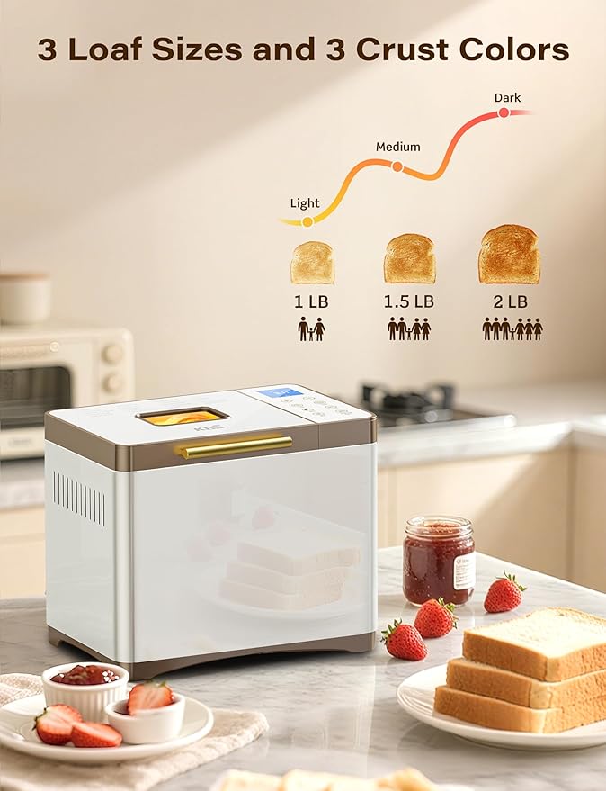 KBS 20-IN-1 Bread Maker with Custom Program, 650W Bread Machine with Nonstick Ceramic Pan & Stainless Steel Paddle, 2LB Bread Maker Machine, Polish Bread, Gluten-Free, Touch Panel, 15H Timer, 3 Colors