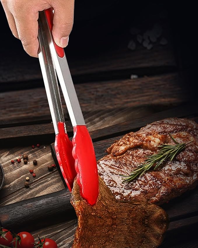 Red Stainless Steel Tongs Heat Resistant Kitchen Tongs Set - 7", 9" & 12" Inch, BBQ Tongs with Silicone Tip, Strong Grip for Cooking, Salad Tossing,Air Fryer, &Grill Tongs- Pull Lock, Red - Set of 3