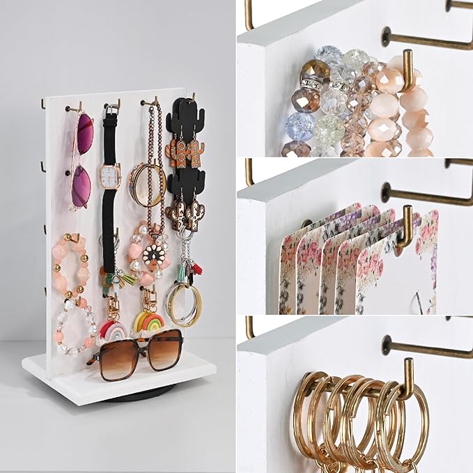 Ikee Design Wooden Rotating Two-Sided Jewelry Display Stand, Rotating Organizer with 32 Long Hooks for Store, Bracelet Keychain Earring Display, White Color, 9.1W x 7.5 D x 17.1 H in