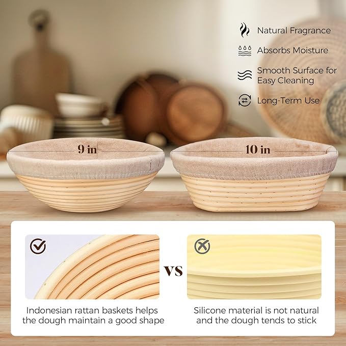 Artisan Sourdough Bread Proofing Baskets Set of 2 – Banneton Basket Kit with 9" Round & 10" Oval, 6 Accessories for Bread Baking