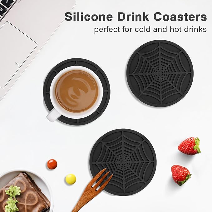 2 Pack Silicone Coasters for Drinks-Black Spider Shape Coaster with Deep Tray Grooved Design, Washable Cup Coasters for Desk, Heat Resistant Non-Slip Plastic Coaster for Coffee Table, Wooden, Kitche