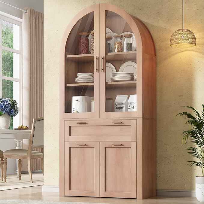Itaar 71" Arched Kitchen Pantry Cabinet, Kitchen Storage Cabinets with 1 Large Drawer & Storage Cart 2 Tier & Door Shelves for Living Room, Dining Room, Natural Oak