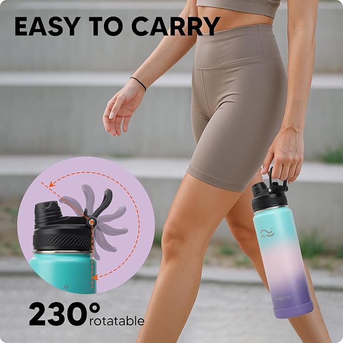 Swigina Insulated Water Bottle with Silicone Boot (36hrs Cold/18hrs Hot) - DIY Stickers, Leakproof, BPA Free, 24 oz [2-IN-1 LID]