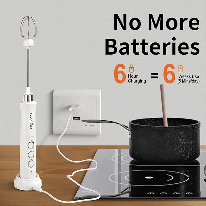 FoodVille MF09 3 in 1 Rechargeable Milk Frother Handheld Foam Maker with Charging Stand & 3 Stainless Steel Whisks (White without Case)