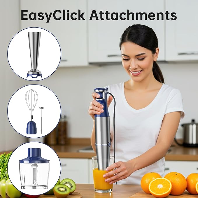 Turelar Immersion Blender Handheld Corded Hand Blenders Set 1100W, Trigger Variable Speed 5 in 1 Stick Emulsifier with Chopper, Whisk and Frother for Soup, Baby Food and Smoothies, Navy Blue