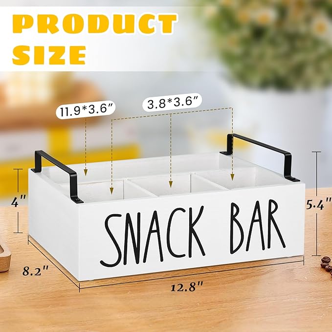 Snack Organizer for Countertop, Wood Pantry Storage Bins with Handles, Snack Bar Organizer for Pantry Shelf, Kitchen, 4 Compartment Food Container Snack Box, Pantry Organizer for Snacks, Chips