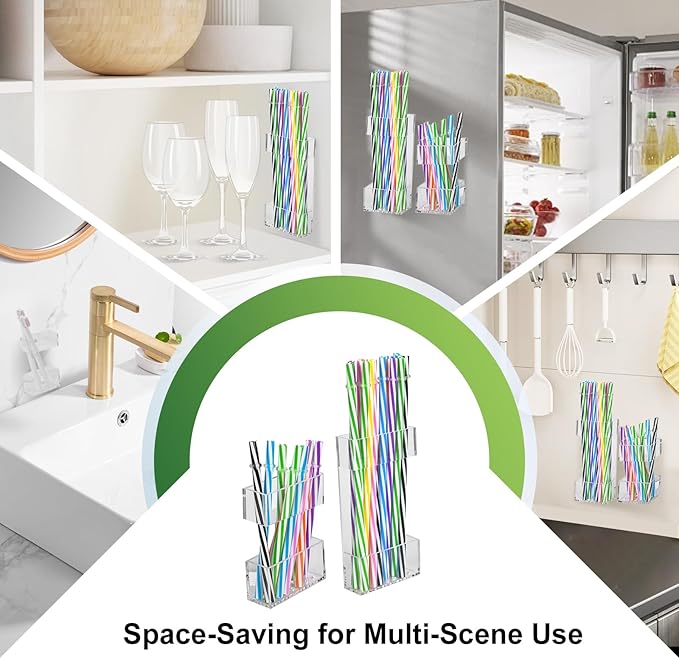 2 PACK Acrylic Straw Holder for Cabinet Doors, Reusable Straw Organizer with Ultra-Sticky Adhesive, Small Kitchen Accessories Container, Fits Both Short & Long Straws (Transparent)