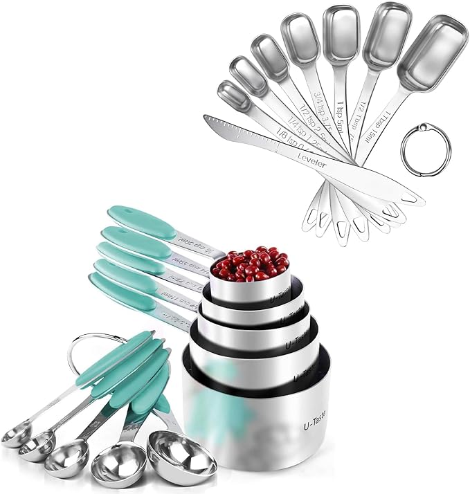 U-Taste 18/8 Stainless Steel Measuring Cups and Spoons Set of 10, and 18/8 Stainless Steel Square Measuring Spoons Set of 8 (Aqua Sky+Silver)