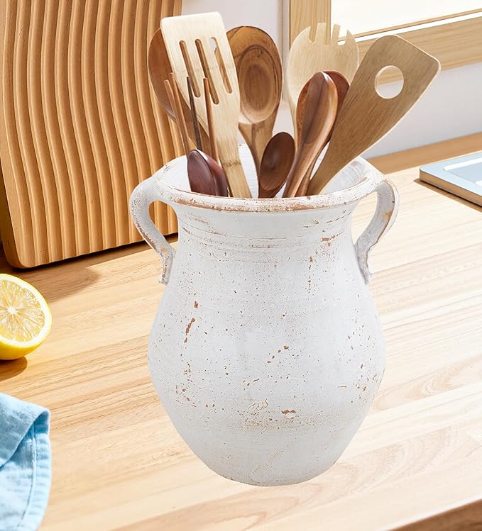 Rustic Kitchen Utensil Holder for Countertop, 7.6x4.9In Large Ceramic Cooking Utensil Crocks for Countertop, with non-slip pads, Morden Farmhouse Vintage Kitchen Counter Decor