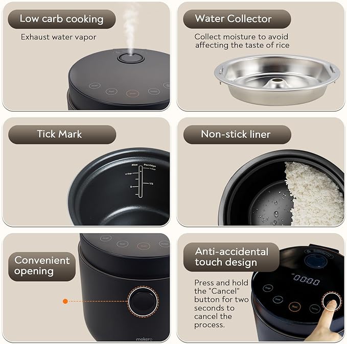 Mokero Low Carb Sugar Rice Cooker 2 Cups Uncooked and 4 Cups of Regular Cooking Small Carb Reducing Maker Rice and Grain Multi-Cooker with Stainless Steel and Nonstick Inner Pot