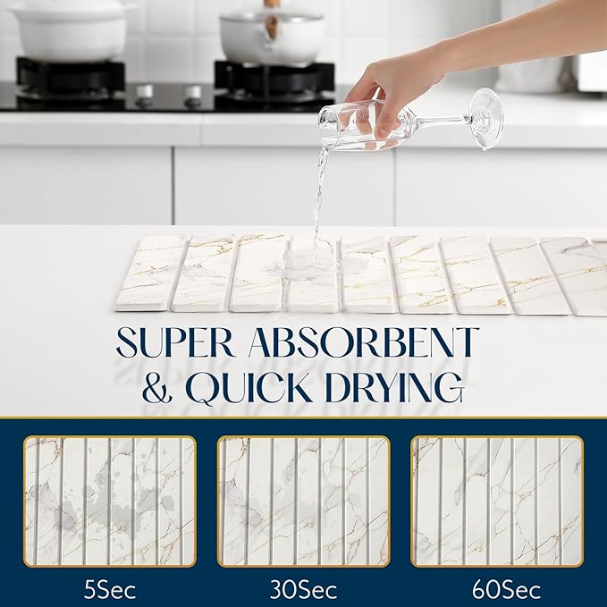 KEYCHAD Large Stone Drying Mat for Kitchen Counter - 23.4" x 15.4" Quick Drying Foldable Dish Drying Mat - Super Absorbent Diatomaceous Earth Mat - Stone Dish Drying Mat for Cups Bottles
