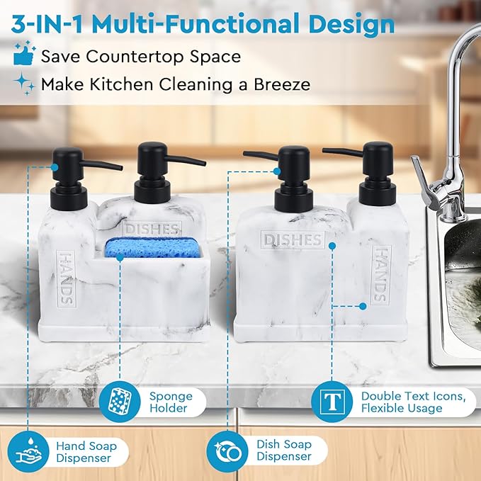 Kitchen Hand Soap and Dish Soap Dispenser Set,Dual Soap Dispenser with Sponge Holder 3-in-1 Organizer for Kitchen Sink,Bathroom,Useful Kitchen Gadgets - White Marble Look